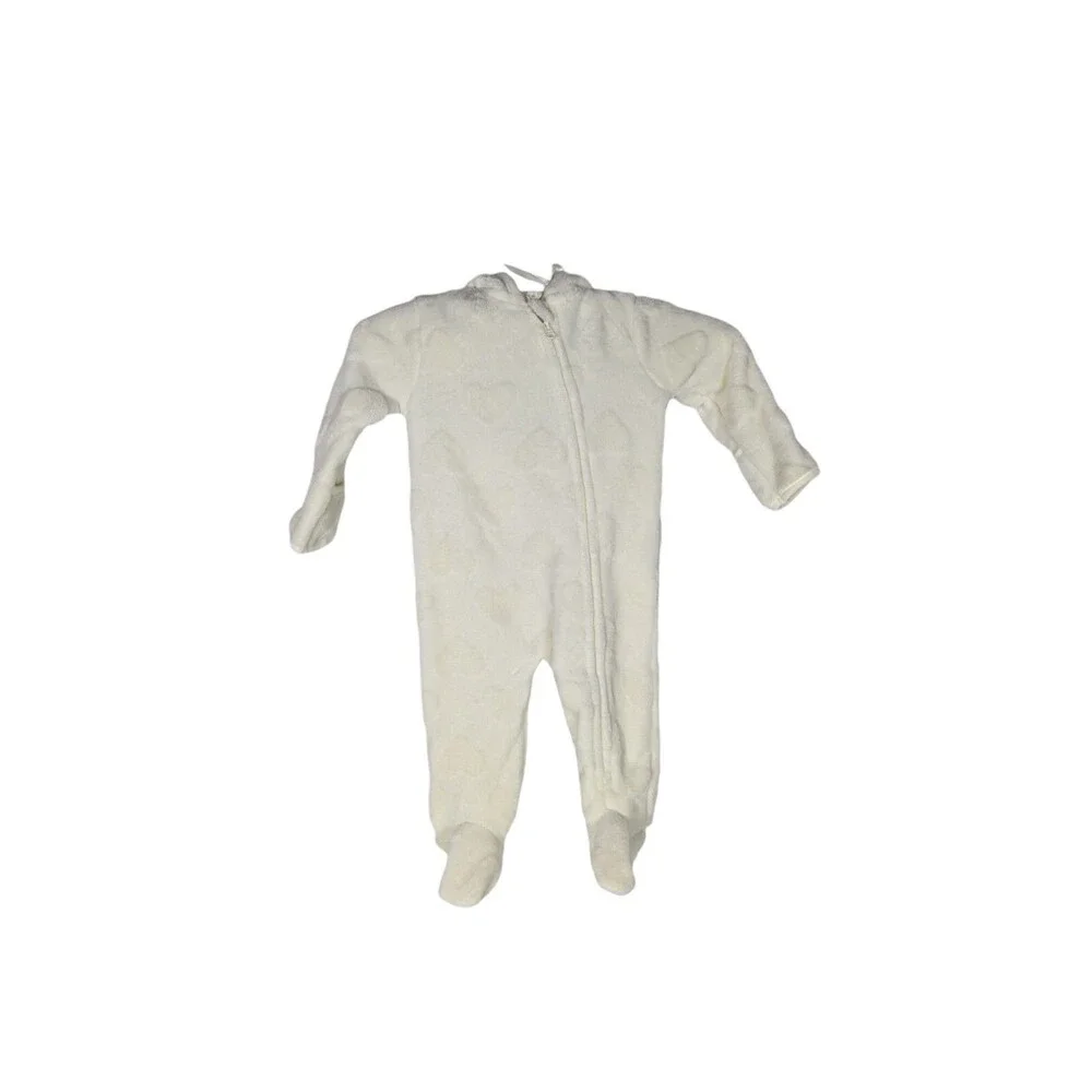 Little Beginnings Infant White Embossed Heart Fleece Hooded Snow Suit 6-9M NWT